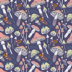 Obraz premium Seamless pattern with mushrooms in retro hippie style, 60s, 70s. Background with fly agaric, grebes. Vector texture for printing fabrics, textiles, wallpapers. 