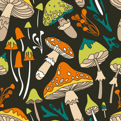 Seamless vector pattern with mushrooms in retro style, 60s, 70s, flower child, hippie style. Toadstools, fly agaric, amanita background for textiles, fabrics, prints.