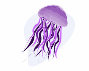Flat vector watercolor illustration of purple jellyfish with abstract background
