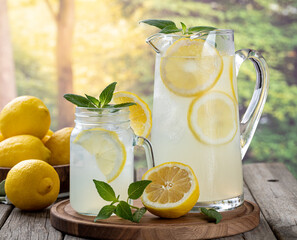 Glass and pitcher of lemonade with summer background - obrazy, fototapety, plakaty