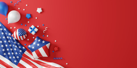 4th of july usa Independence day labor day and memorial day banner design of american flag and balloon with gift box 3D render - obrazy, fototapety, plakaty