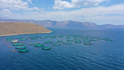Aerial drone photo of fish farming unit of sea bass and sea bream with round net cages in...