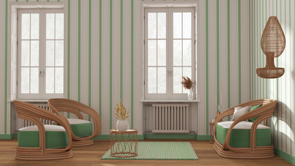 Fototapeta na wymiar Classic wooden living room in white and green tones, rattan sofa and armchairs, side tables and carpet. Windows, striped wallpaper, parquet and carpet. Modern interior design