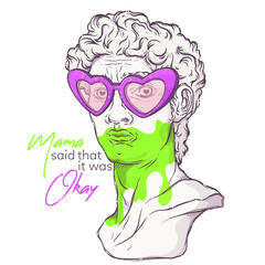 Greek statue. Plaster head with heart glasses and green paint. Mama said that it was okay - lettering quote. Marble David bust for posters, postcards, t-shirt prints. Vector hand drawn style.