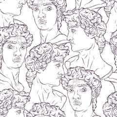 Greek statues. Plaster heads in profile and in full face. Seamless pattern for backgrounds, wallpapers, textile composition. Marble Saint David's Head bust. Vector hand drawn style illustration.