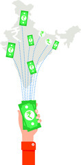 Payment system sending money across Indian cities. Concept of sending, transferring money across india