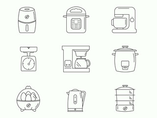 Illustration of kitchen appliances. Black and white line vector of different appliances - Egg cooker, coffee maker, pressure cooker, weighing scale, pot, steamer, stand mixer