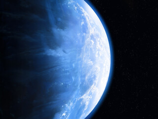 Close-up of the surface of a blue planet as seen from space. Atmosphere and clouds of the planet.