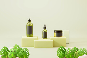Glass green cosmetics skincare natural packaging mock-up 3d illustration for banner and advertising.