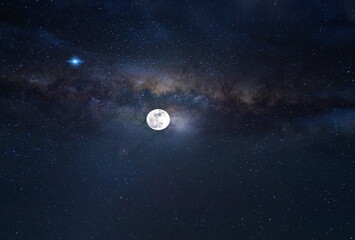 full moon on  dark blue starry sky milky way galaxy nebula  nature landscape