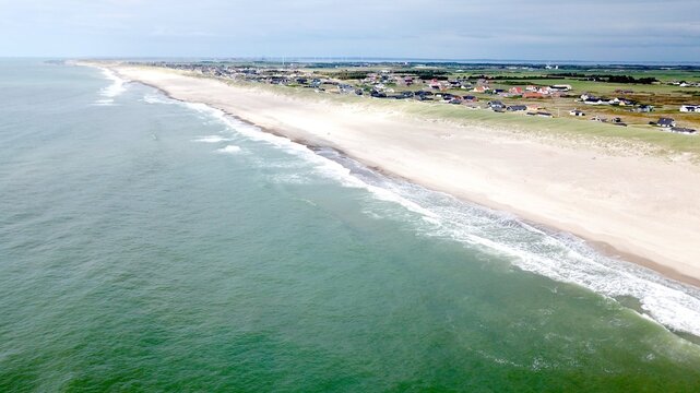 aerial view of the long beach and ocean in jutland near Vrist, harbo&oslash;re ,lemvig, denmark
