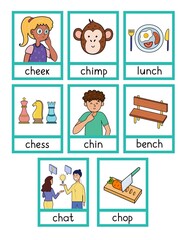 Phonics flashcards with -ch- spelling rule. Flash cards with phonics sound words and pictures activity for kids. Vector illustration - obrazy, fototapety, plakaty