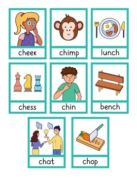 Phonics Flashcards With -ch- Spelling Rule. Flash Cards With Phonics Sound Words And Pictures Activity For Kids. Vector Illustration