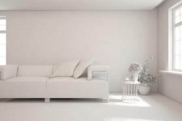 Fototapeta na wymiar White minimalist living room with sofa. Scandinavian interior design. 3D illustration