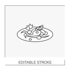 Polvo line icon.Tasty traditional dish. Portuguese cuisine squid and vegetables salad served on a plate. Receipt for cafe. National dishes concept. Isolated vector illustration. Editable stroke