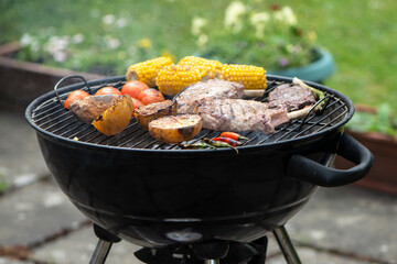 baked appetizing pork steak and potatoes with vegetables on the barbecue grill