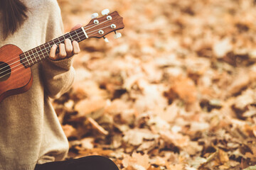 Ukulele in woman hands closeup playing an acoustic instrument ukulele in autumn outdoor with copy...