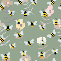 Seamless pattern with bees on floral background. Small wasp. Vector illustration. Adorable cartoon character. Template design for invitation, cards, textile, fabric. Doodle style