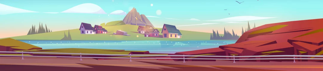 Foto op Canvas Village with houses, sleeping volcano, river and car road. Vector cartoon illustration of summer landscape with highway, lake and green valley with cottages and mountain © klyaksun