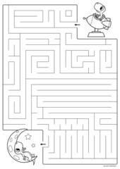 Vector black lines for maze print. A4 format. Educational maze coloring book with a cute cartoon little dinosaur who wants to fly to the moon. Landscape size.