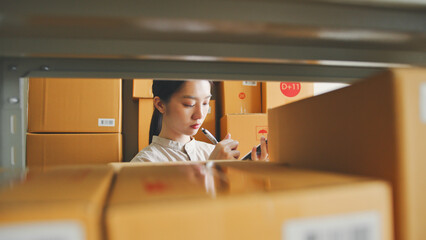 Asian woman working at online store warehouse checking inventory stock parcel boxes on shelves,...