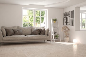 White living room with sofa and summer landscape in window. Scandinavian interior design. 3D illustration