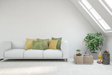 White living room with sofa. Scandinavian interior design. 3D illustration