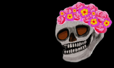 skull smile with  flower on head  with black empty space ,Halloween background concept