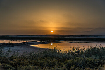Sunset in the salt flats of Roquetas del Mar, Almeria, Spain.