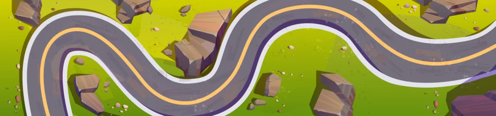 Zelfklevend Fotobehang Top view of mountain serpentine, winding car road. Vector cartoon horizontal illustration of aerial panoramic view of summer landscape with curve asphalt highway, stones and green grass © klyaksun