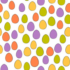 Happy Easter seamless pattern with colorful eggs on white background. Polka dots design for card, postcard, wallpaper, posters. Vector stock illustration. Cartoon style