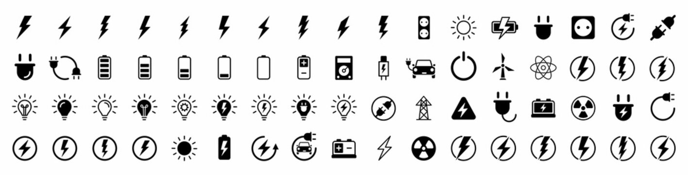 Electricity icons set. Set of green energy thin line icons. Power related icon set. Icons for renewable energy, green technology. Vector illustration