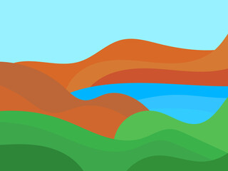 Lake among mountains and hills. Wavy landscape in a minimalist style. Design of posters and banners, booklets and promotional products. Vector illustration