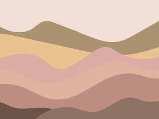 Desert wavy landscape with dunes in a minimalist style. Flat design. Boho decor for prints, posters and interior design. Mid-century modern decor. Vector illustration