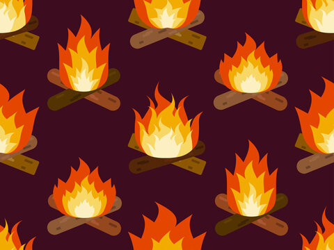 Burning bonfire seamless pattern. Burning firewood and flames in flat style. Design for print, banners and wrapping paper. Vector illustration
