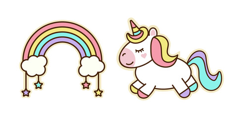 Cute unicorn, Doodle unicorn, cute rainbow isolated (vector illustration): children's greeting card, printed T-shirt, packaging. Fantasy, magical
