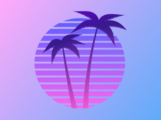 Two palm trees on a sunset 80s retro sci-fi style. Summer time. Futuristic sun retro wave. Design for advertising brochures, banners, posters, travel agencies. Vector illustration