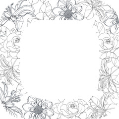 Beautiful outline floral frame,black and white flowers frame