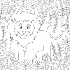 Obraz premium Coloring book page for kids with the lion in the jungle. Cute animal art.