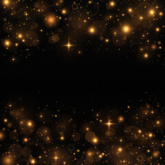 Fototapeta na wymiar Sparkling magical dust particles. The dust sparks and golden stars shine with special light on a black background. Christmas concept.