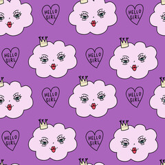 Little cute pink clouds with hearts. Purple pattern and scrapbooking love paper.