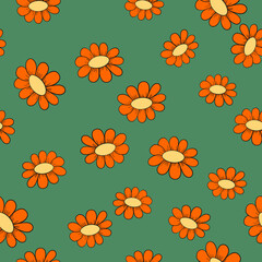 Seamless floral pattern based on traditional folk art ornaments. Colorful chamomile, daisy flowers on color background. Doodle style. Vector illustration. Simple minimalistic pattern