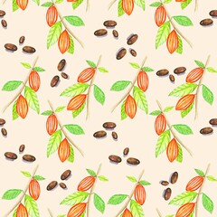Seamless tropical pattern with watercolor fruits and cocoa beans. watercolor hand drawn illustration