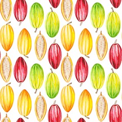 Seamless tropical pattern with cocoa fruits. Watercolor hand drawn illustration