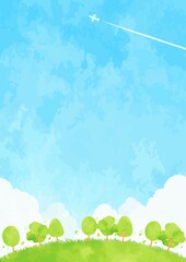 Obraz premium シンプルな空と草原と森林の風景イラスト