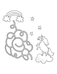 Simple space maze with unicorn for kids. Coloring page with labyrinth for kids.