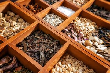 Herbal medicine,medicinal herbs and herbal medicinal root.Natural herbs medicine.Chinese herbal...