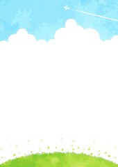 Obraz premium シンプルな空と山なりの草原の風景イラスト