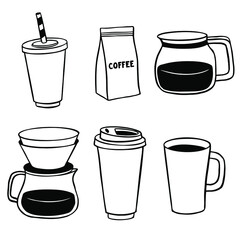 Hand drawn set of coffee icons. Doodle vector illustration.