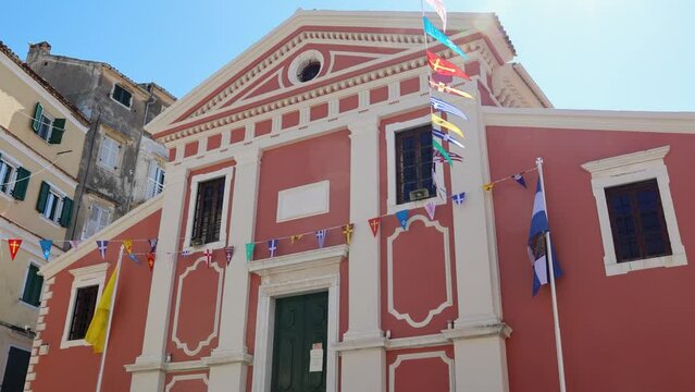 Exterior of Holy Fathers and Saint Arsenios Church in historic part of Corfu, Corfu Island in Greece, 4k